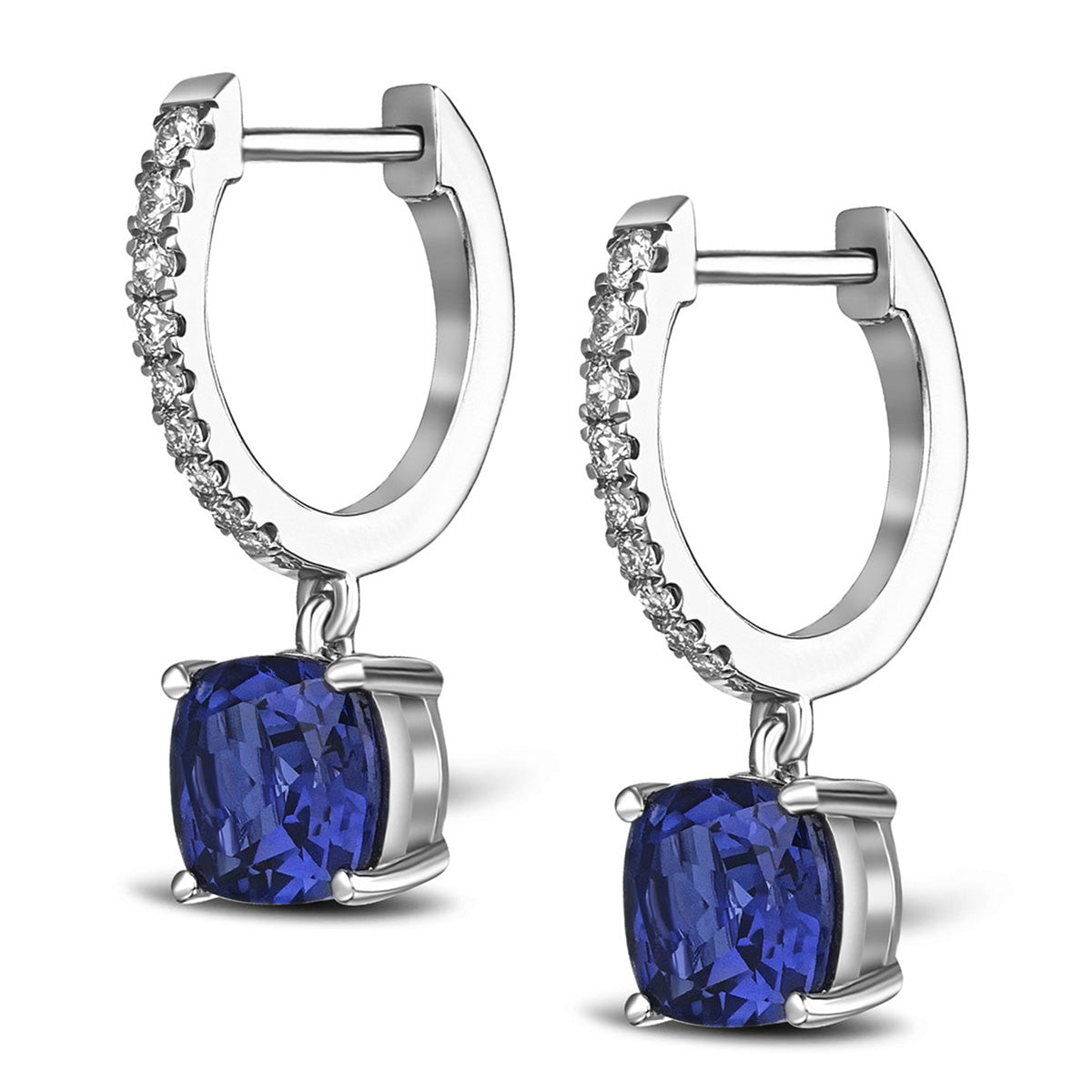 Astra 4.70t Lab Sapphire and Diamond Drop Cushion Cut Earrings in Silver